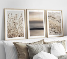 Set of 3 Beige Grey Wall Art Prints Beach Botanical Bedroom Living Room Posters