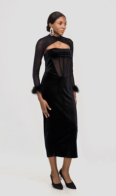 Velvet Corset Midi Dress Black Large Patchwork Mesh Mock High Neck Stretch  | eBay