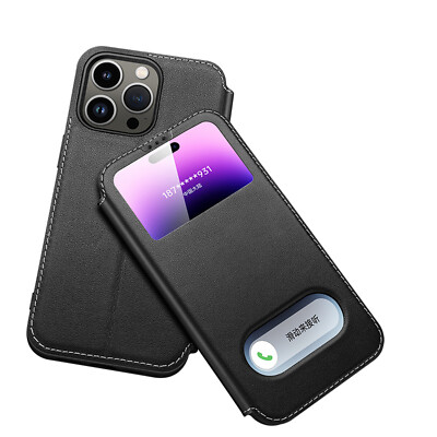 For iPhone 15 16 Pro Max Smart Window Genuine Leather Ultra