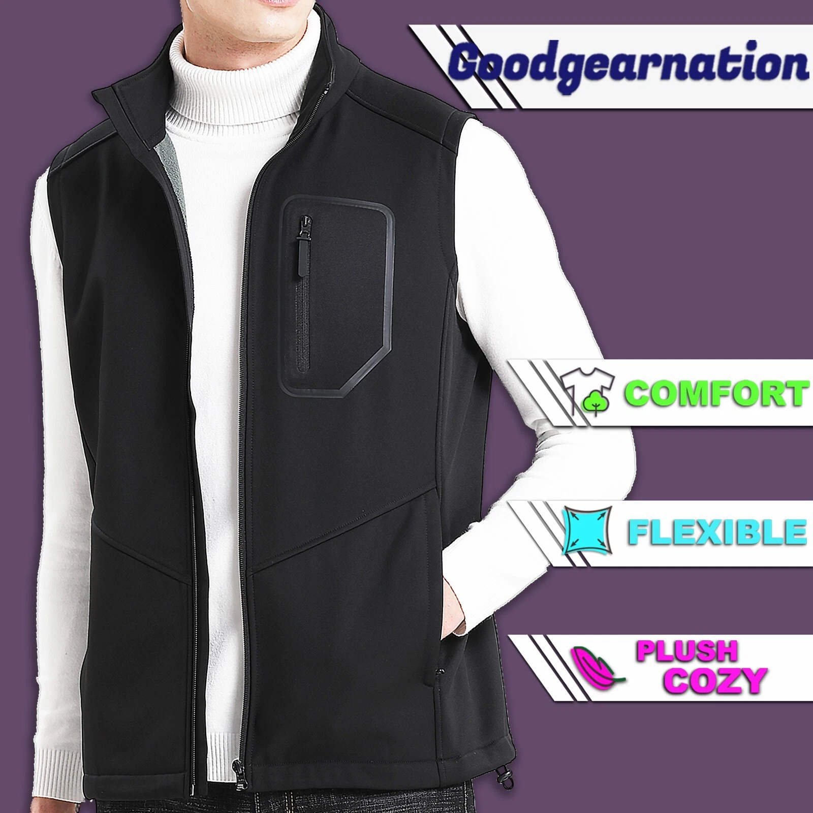Mens SoftShell Vest Bonded Fleece Bodywarmer, Vegan Down-Free Seamless Pocket
Opens in a new window
