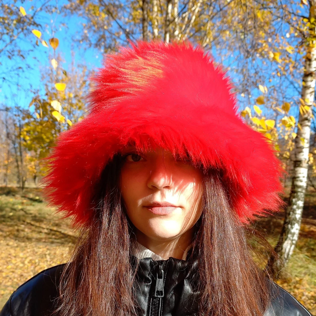 Red faux fur bucket hat. Festival fuzzy neon hat. Rave furry hat. Shaggy  hat.