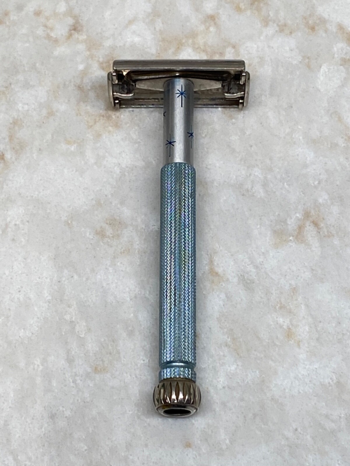 VINTAGE LADY WOMEN'S GILLETTE SAFETY RAZOR I1 BLUE ATOMIC STAR BURST
