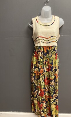 E.D. Michaels Dress Floral Long Linen Cotton Tie Belt Tropical Flowery Size 10