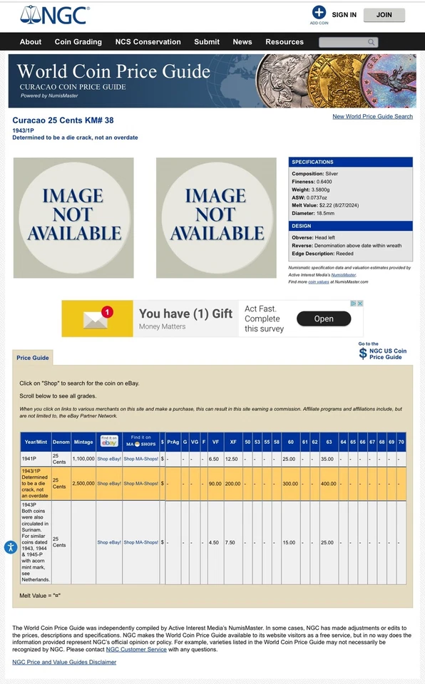 1943/1-P CURACAO Netherlands 25C Uncir. Silver Coin With Palm Tree Privy ~ Rare - Image 4 of 4