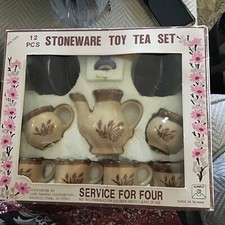 12 Piece Stoneware Toy Tea Set Service For 4 Wheat And Floral Pattern NIB Vtg