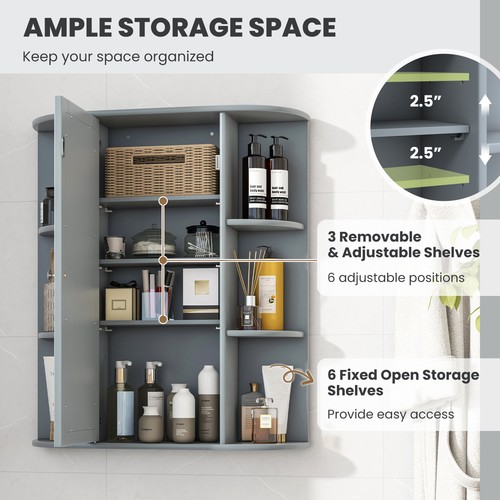 Costway Wall Mount Cabinet Single Door Shelves Bathroom Cabinet W/ Mirror Grey - Picture 8 of 8