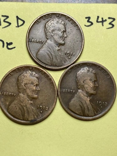 1911-D, 1912-D, 1913-D LINCOLN WHEAT CENT 3 COIN SET, "FINE" condition, #343