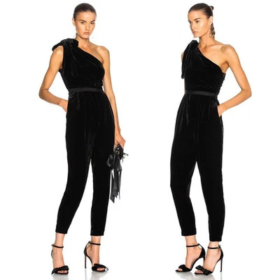 ULLA JOHNSON Women's 8 Tess Black One Shoulder Velvet Jumpsuit
