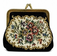 Vintage Floral Tapestry Needlepoint Kiss Lock Coin Purse Wallet Clutch Bag 4"x4"