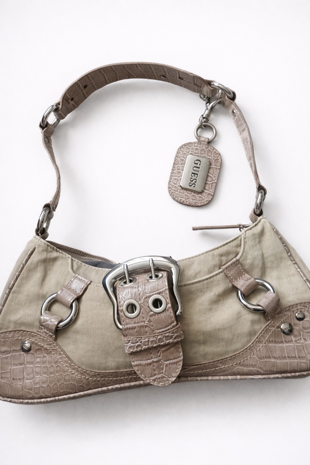 Guess Y2K Shoulder Bag Beige Taupe Croc Trim Buckl...