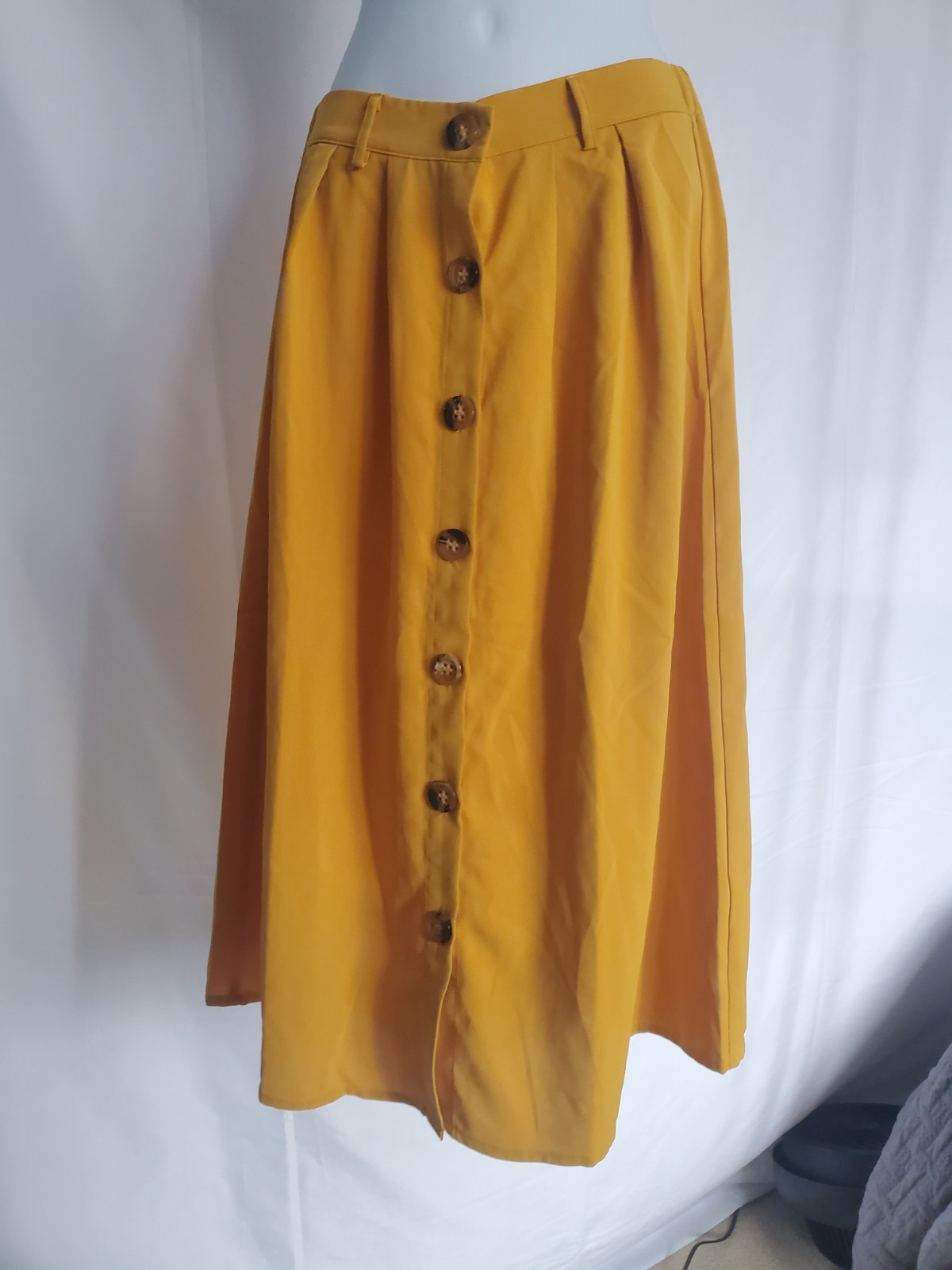 Mustard Yellow Midi Skirt Size S Button Front A-Line Casual Boho