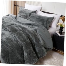 Faux Fur Size Comforter Set, Luxury Ultra Soft Fluffy Queen Dark Grey