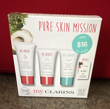my CLARINS Pure Skin Mission 4pc Travel Skincare Set Cleanser Moisturizer Eye