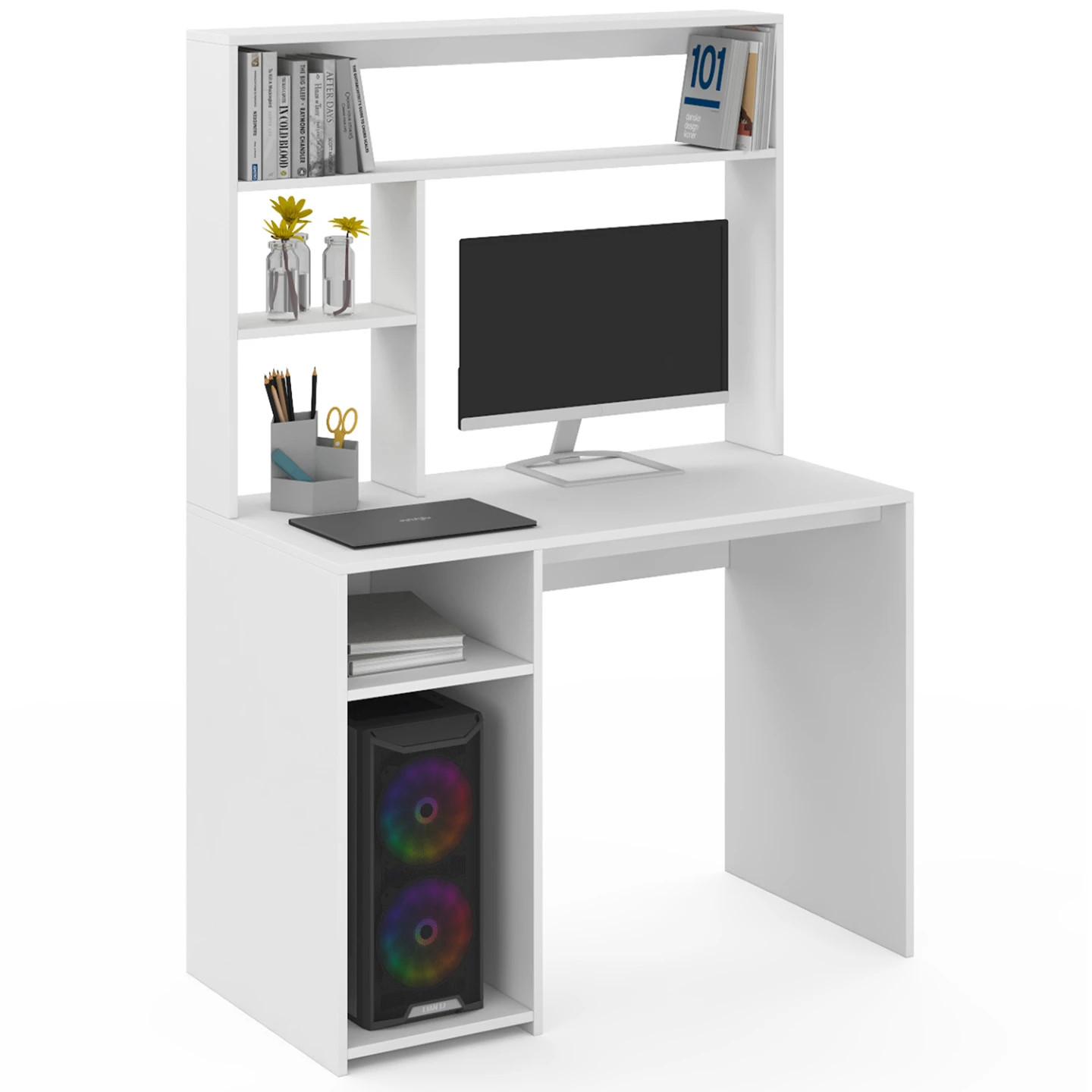 Bureau avec étagères DAN blanc en bois de 120 cm pour ordinateur