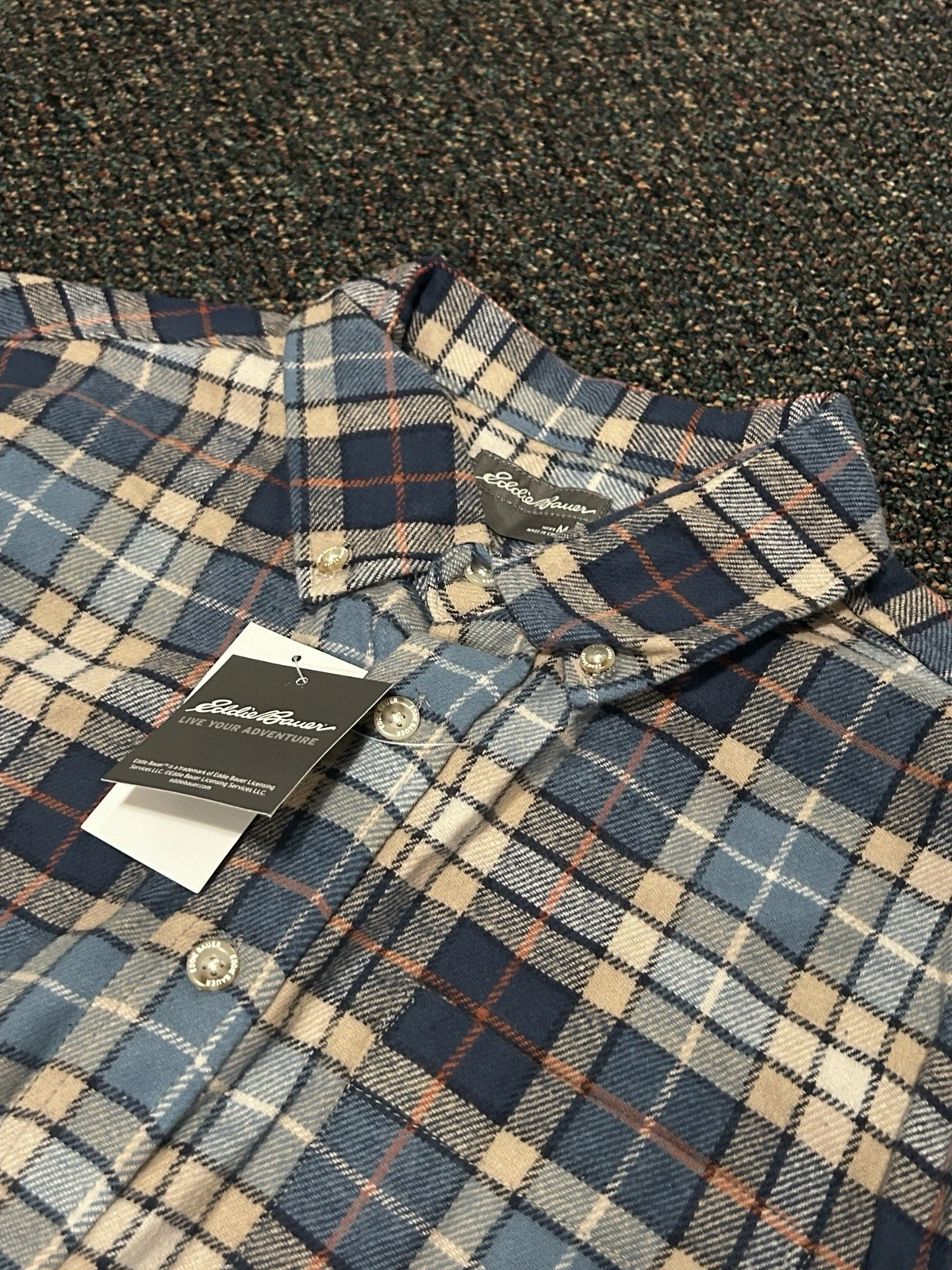 New: (Size M) Eddie Bauer Men’s Flannel Long Sleeve Button Shirt Blue/Tan/Orange
