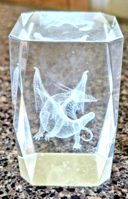 3-D LASER CRYSTAL DRAGON ETCHED PAPERWEIGHT - 3'' X 2''
