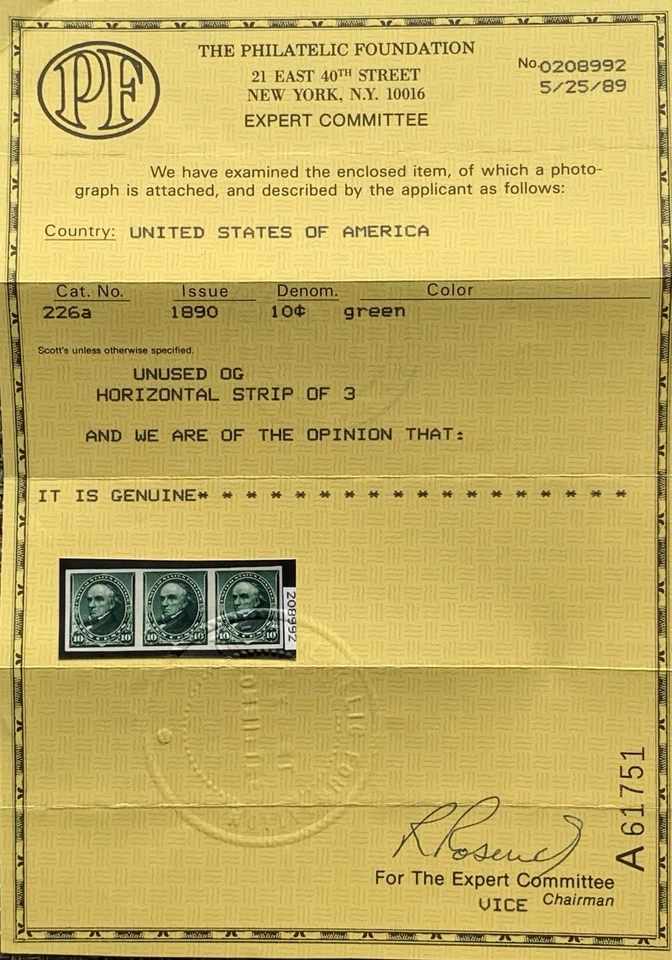 US Stamp 226P5 Former 226a M/Og 1989 PF Cert Plate on Stamp Paper Strip Of 3 - Image 3 of 3