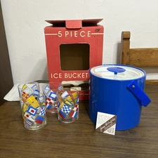 RARE Set Vintage NIB Georges Briard Nautical Signal Flags 4 Glasses & Ice Bucket