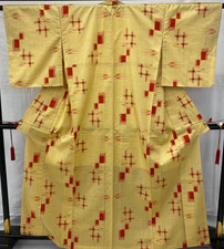 Japanese Vintage Kimono Silk Yellow Tumugi Traditional Authentic Length 63 in