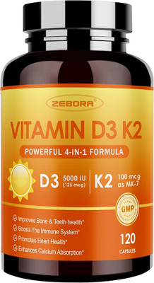ZEBORA Vitamin D3+K2-5000 IU Vitamin D3 + 100 mcg K2 MK-7 - Maximum Absorption f