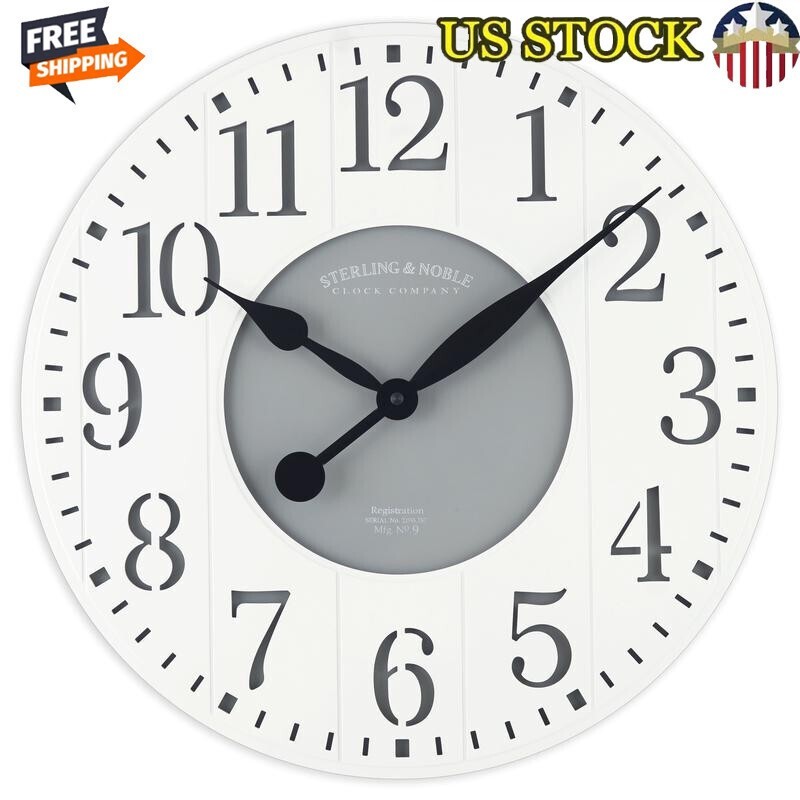 Indoor Wall Clock 23.5 Inch Grey White Farmhouse Beadboard Quartz Movement New