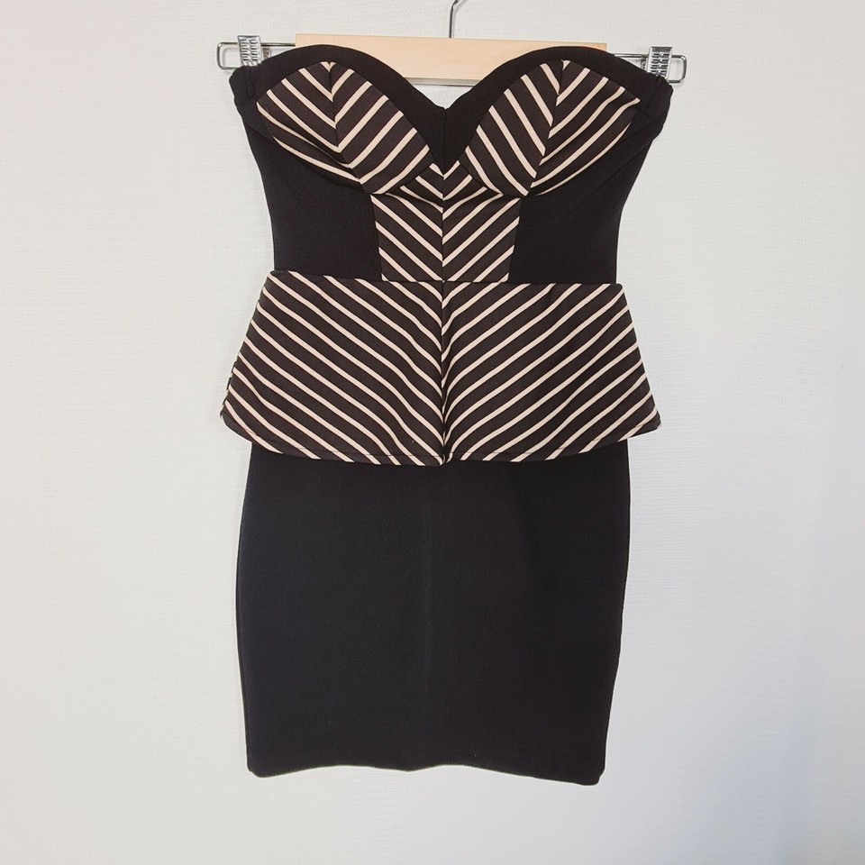 PARADISCO Size 6 Black & Gold Strapless Corset Style Peplum Bodycon Mini Dress