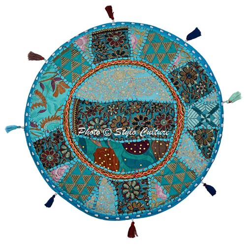 Blue Round Vintage Patchwork Floor Cushion Pouf Cushion Cover 45 cm Home Décor - Picture 2 of 5