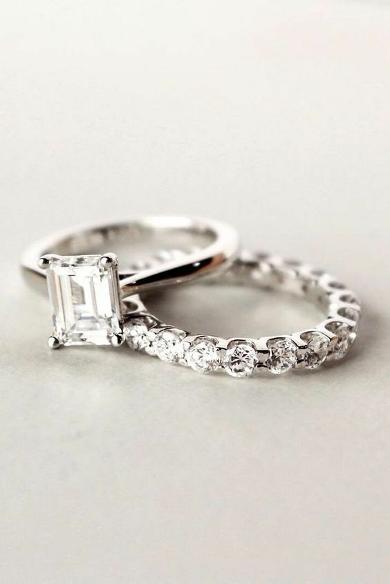 Engagement Ring Set 14K White Gold 2.55Ct Emerald Cut Diamond Simulated Size 5.5-image