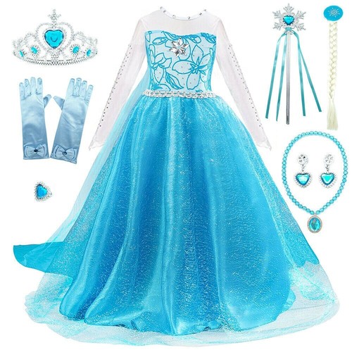Kids Girls Princess Queen Elsa Anna Halloween Cosplay Costume Fancy Dress&Crown - Picture 24 of 36