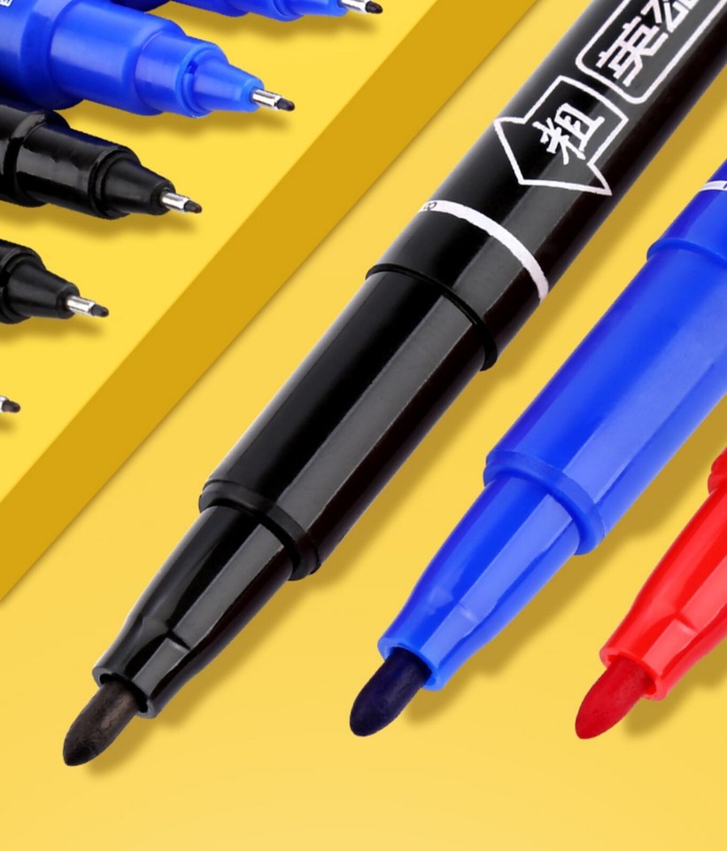 Lot De 10 Feutres Permanents Double Pointe - Encre Alcool Noir Bleu Rouge, Pour Dessin, Croquis, Marquage