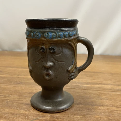 Vintage Hand Made Stoneware Mug Pottery Clay 3D Mustache Man Chalice 5.25"