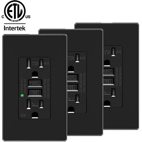Electrical GFCI Outlet 15 Amp Tamper Resistant Universal Power Socket Black 3Pcs