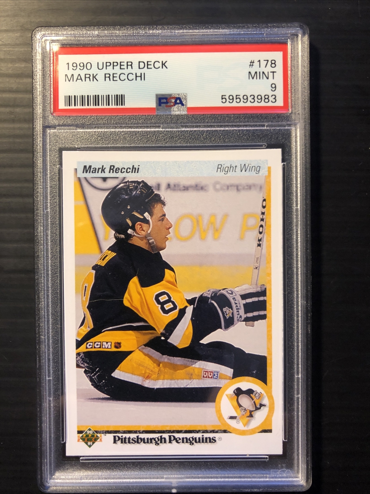1990 Upper Deck #178 Mark Recchi Rookie RC PSA 9 Mint Pittsburgh Penguins