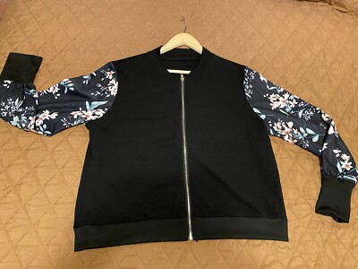 Black Zip Up Sweater W/ Floral Sleeve Designs Size XL