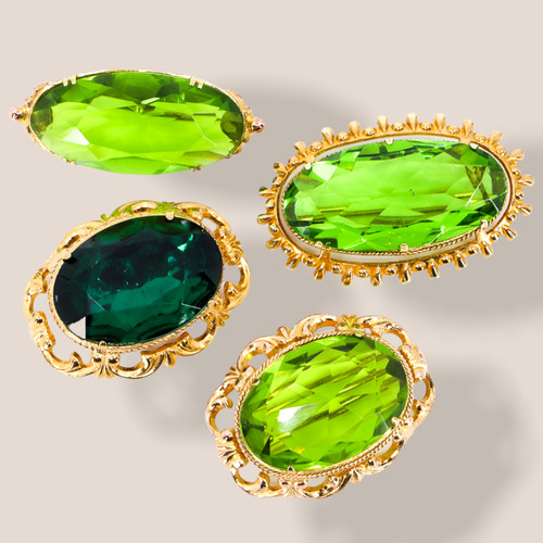 SOVIET VINTAGE, GREEN 'LOLLIPOP' BROOCHES/PINS, 'МКП', ART GLASS, GILDED BRASS