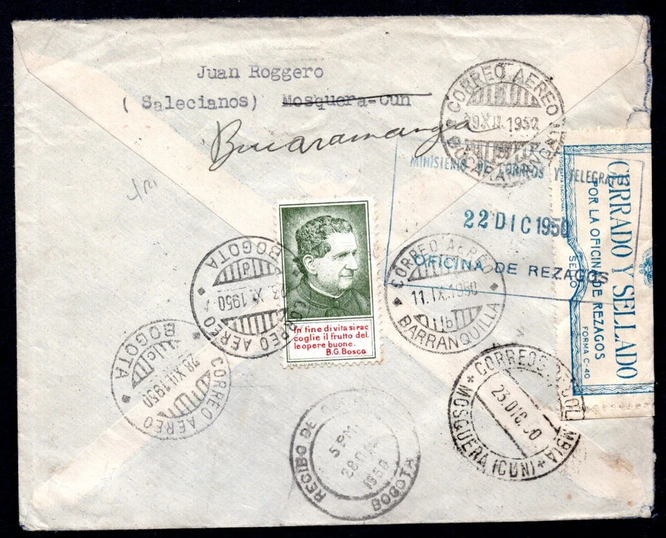 COLOMBIA 1952 REROUTED BARANGUILA TO BUCARAMANGA COVER RARE OPEN & SEALED LABEL - Image 2 of 2