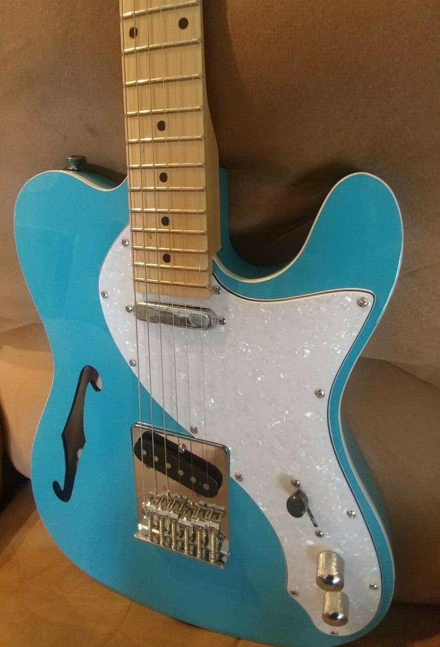 Blue TStyle Electric Guitar, Maple fretboard 6 string semihollow Tele