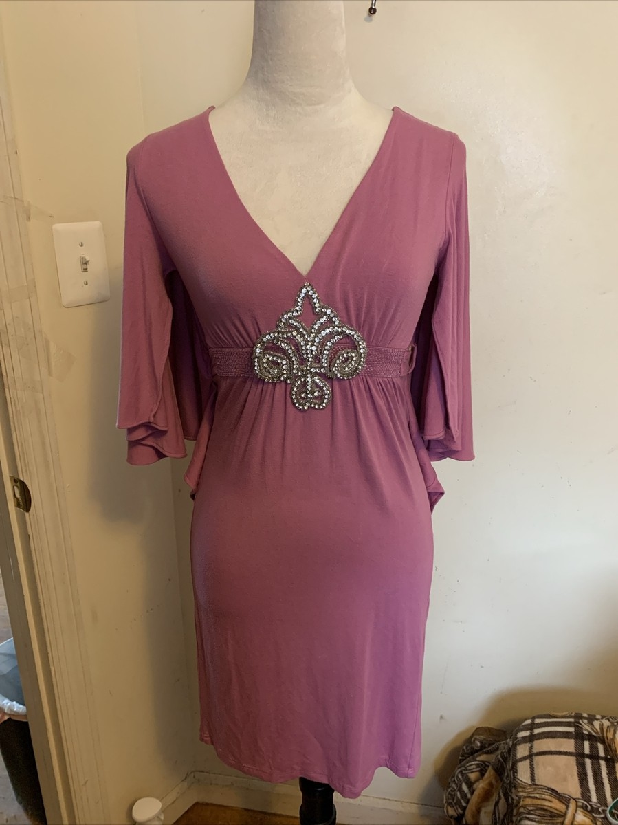 Sky Women's Jersey Dress Lilac Color With Bell Sleeves & Rhinestones Embellished