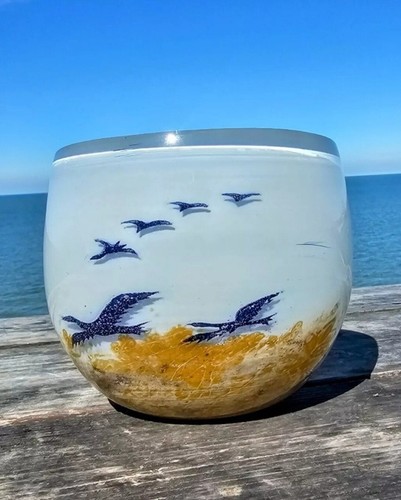 Severin Brorby Hadeland Norwegen 70er Jahre Gänse im Flug mundgeblasene Glas Vase