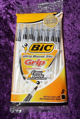 Bic Ultra Round Stic Grip Easy Glide Black Medium Ball Pens Pack of 8 NOS