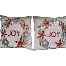 2 Pier 1 "Joy" Throw Pillows Sequins Beads Shells Star Fish Floral 16" Beachy 