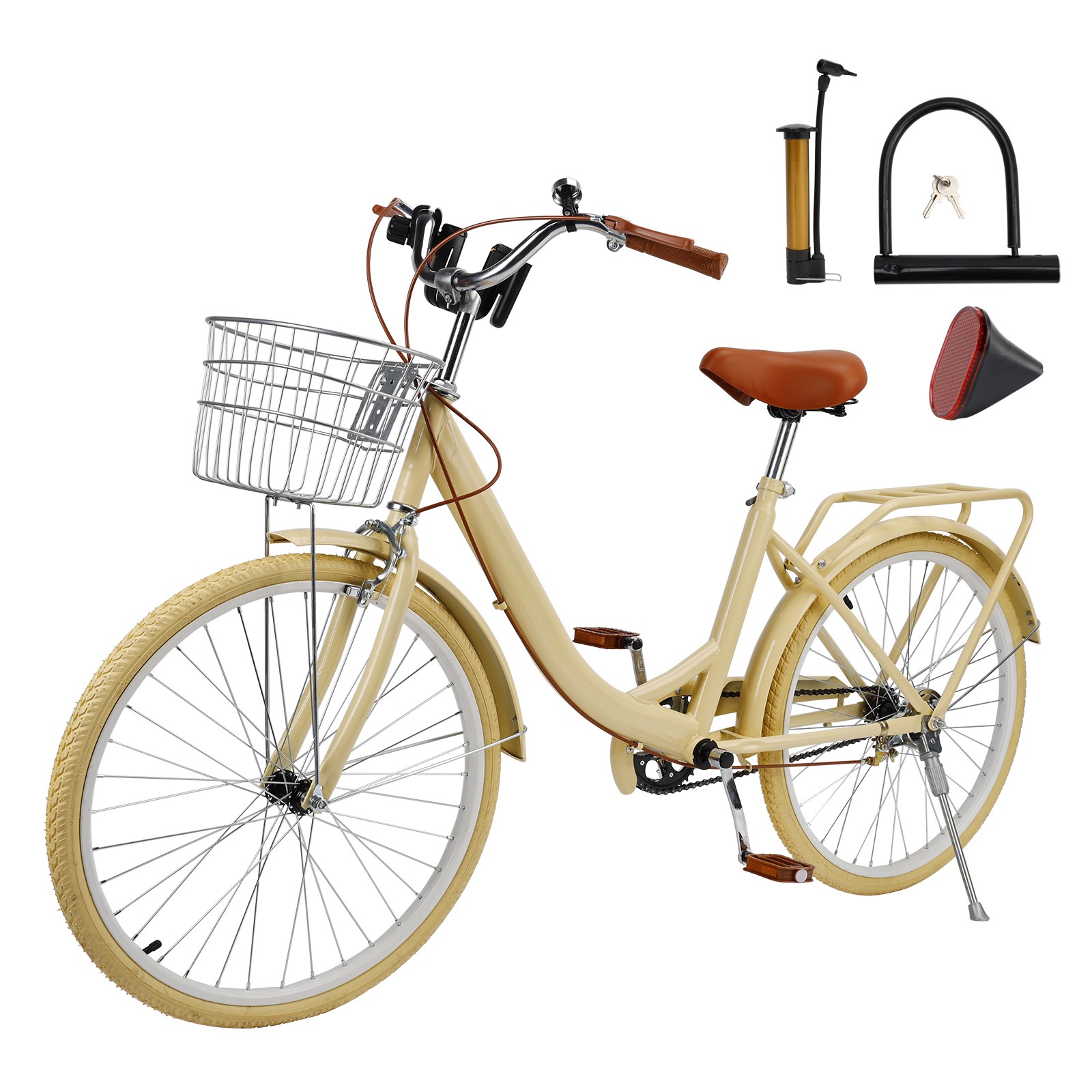 24 inch Women City Bicycle Beach Cruiser Bike with Basket & Rack Yellow