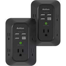 5-Outlet Power Strip Surge Protector with 4 USB Port 3 Sided Wall Adapter in Bla