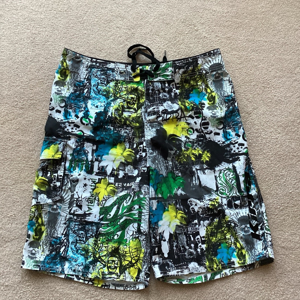 MANS SIZE 38 KIRRA BOARD SHORTS, ONE POCKET, FLY, SHOELACE FRONT
