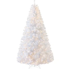 Pre-Lit Hinged Artificial White Pine Christmas Tree w/ Lights, Metal Stand