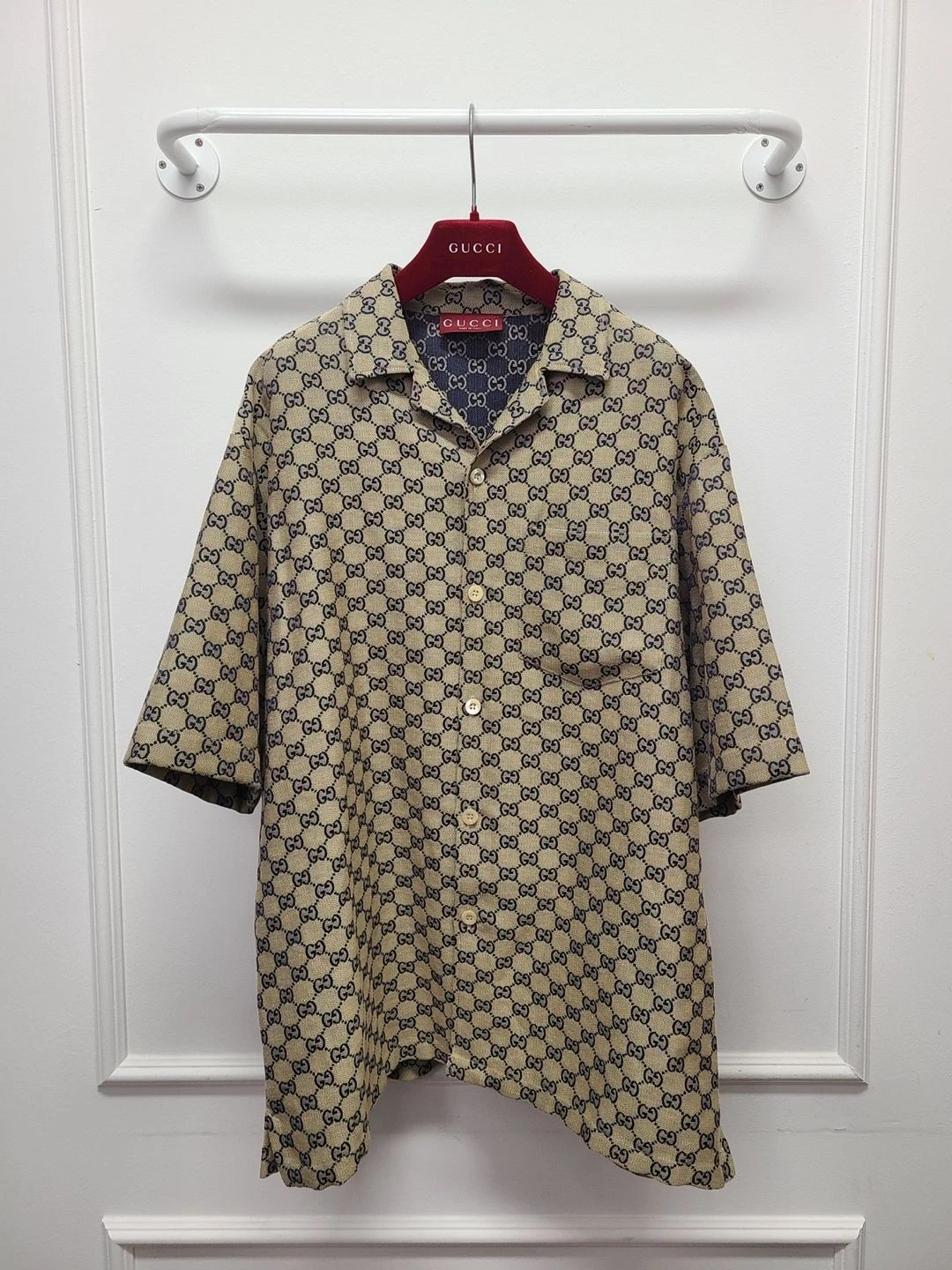 Chemise Gucci beige bleu GG Supreme en lin mélangé toile 50 132960030