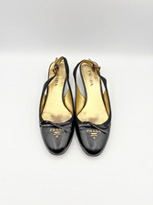 Prada Black Leather Slingback Kitten Heels w/ Bow and Logo Plate Size EU 36