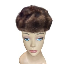 Vintage Barrows Furs Genuine Brown Mink Fur Pillbox Hat Winter Glamour Doll