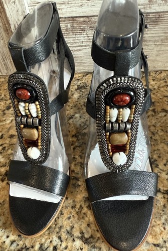 NINE WEST Gladiator Strappy Black Beaded Embellished Sandal Shoe 8.5M