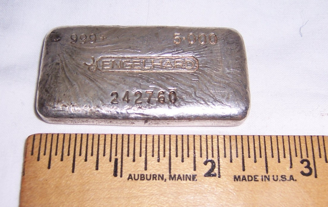Vintage Old Engelhard Poured 5 oz. Ounce .999+ Fine SILVER Bar Bull Mark 242760